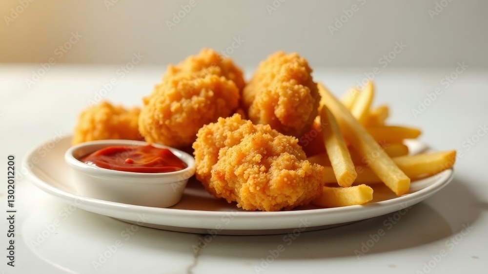 A plate of crispy fried chicken nuggets served alongside golden french fries and a small bowl of tangy ketchup.