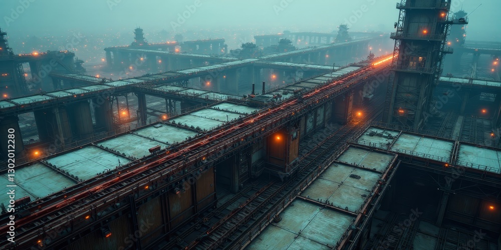Fototapeta premium A sprawling industrial complex at twilight, exhibiting a network of elevated walkways and structures, illuminated by scattered lights, creating a mysterious and atmospheric scene.