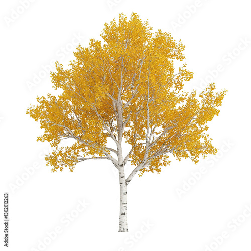 This image depicts a birch tree with lush yellow foliage, representing the autumn season with detail.
