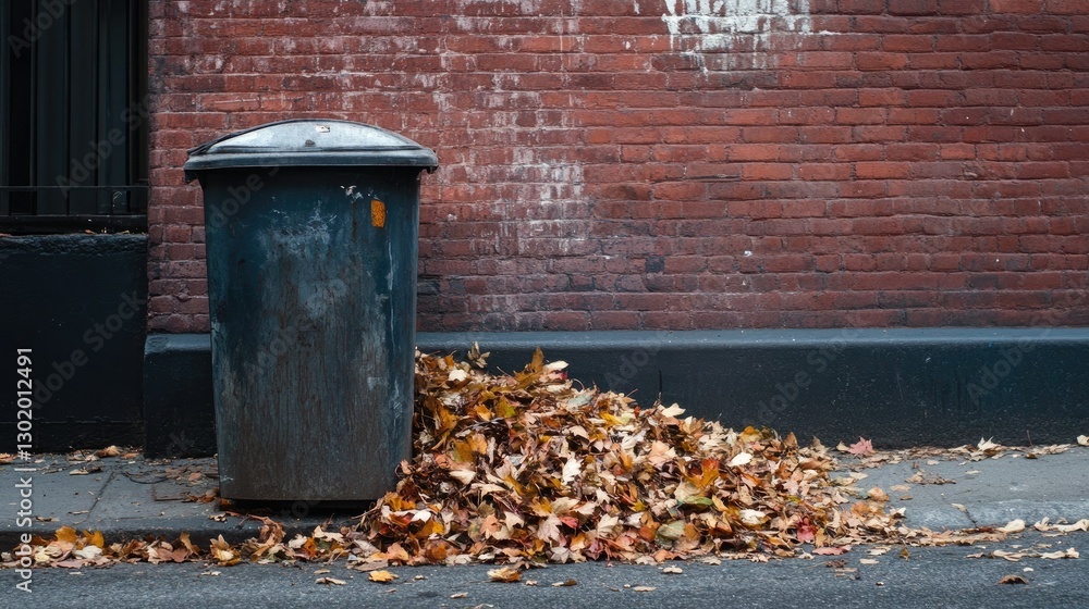 Obraz premium An urban street corner with a weathered trash bin and a pile of dry leaves swept against it.