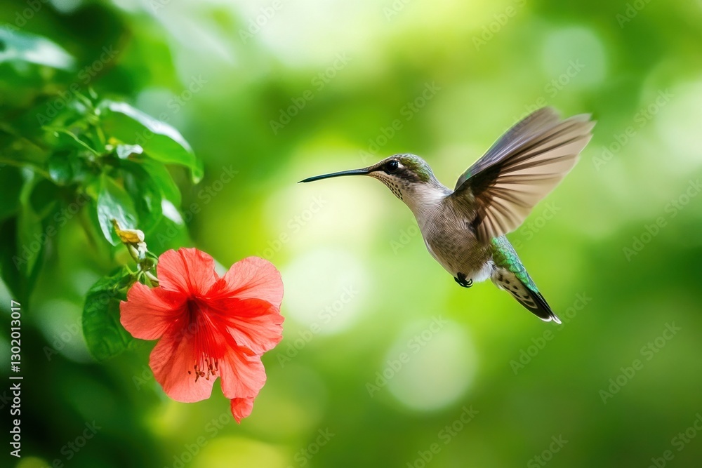 Fototapeta premium Hummingbird in flight near a red flower.