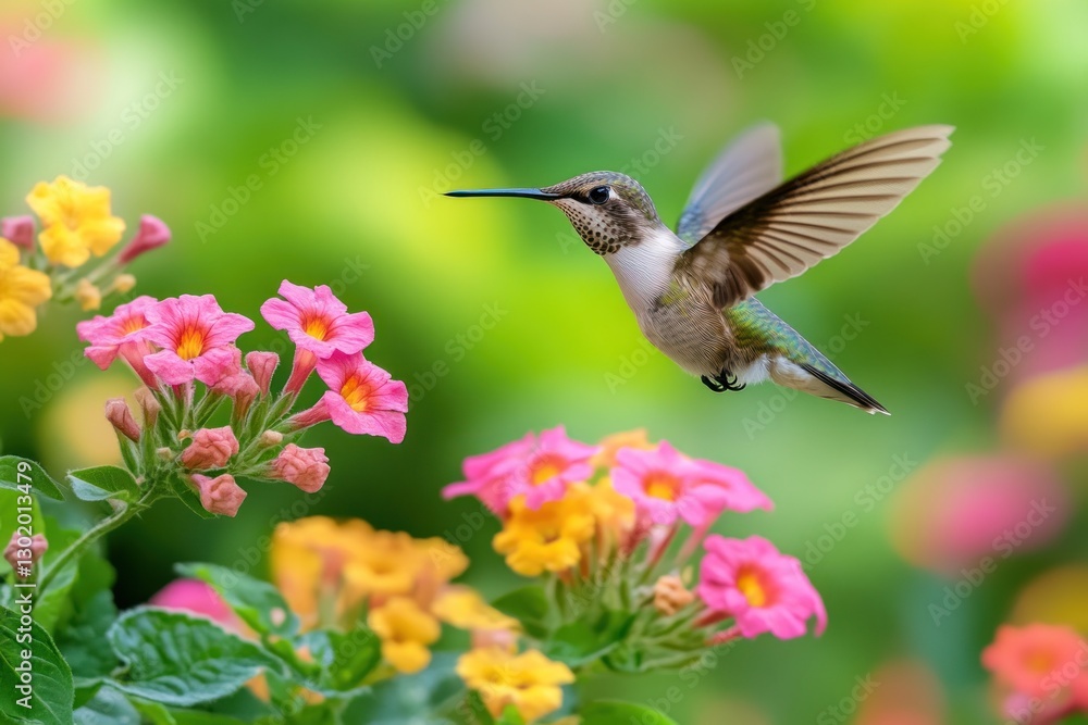 Fototapeta premium Hummingbird in flight near colorful flowers.