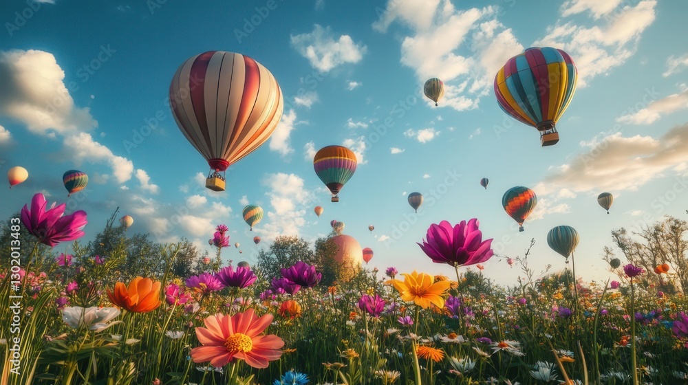 Naklejka premium A vibrant hot air balloon festival at sunrise, with colorful balloons floating above a scenic landscape.