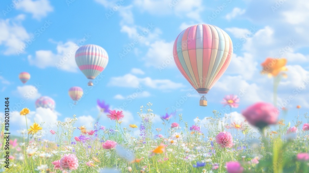 Fototapeta premium A vibrant hot air balloon festival at sunrise, with colorful balloons floating above a scenic landscape.