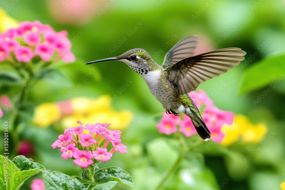 Fototapeta premium Hummingbird in flight near colorful flowers.