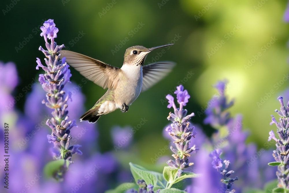 Naklejka premium Hummingbird in flight near lavender.