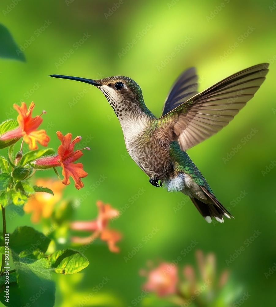 Naklejka premium Hummingbird in flight near orange flowers.