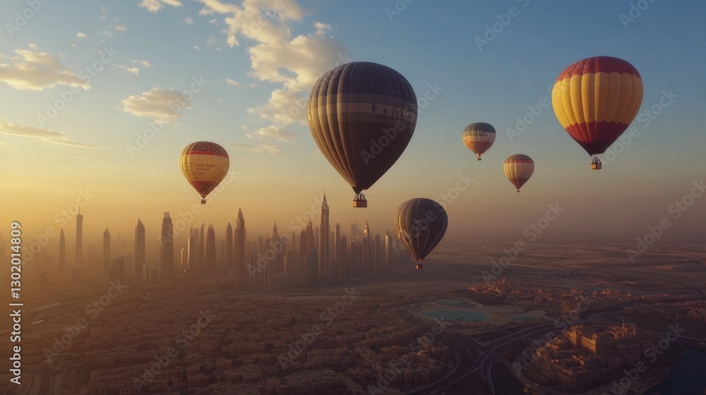 Obraz premium A vibrant hot air balloon festival at sunrise, with colorful balloons floating above a scenic landscape.