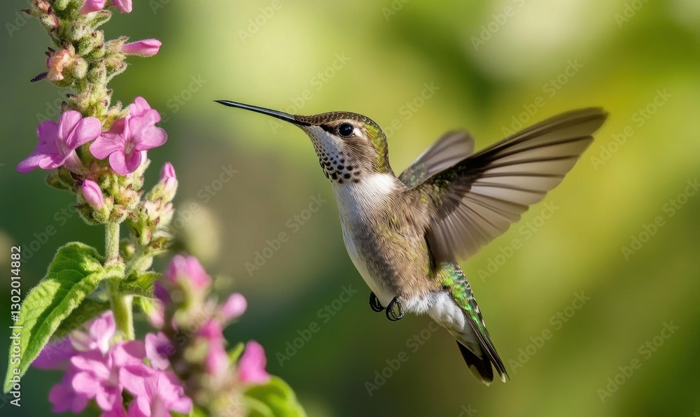 Naklejka premium Hummingbird in flight near pink flowers. (2)
