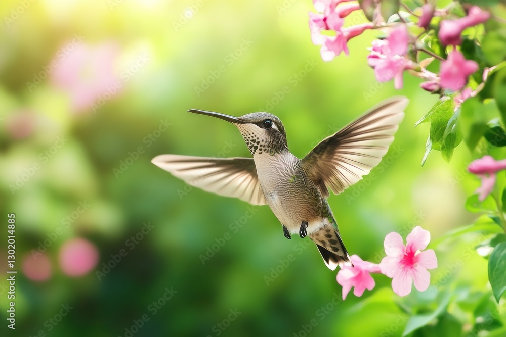 Hummingbird in flight near pink flowers. (3) Hummingbird in flight near pink flowers. (3)