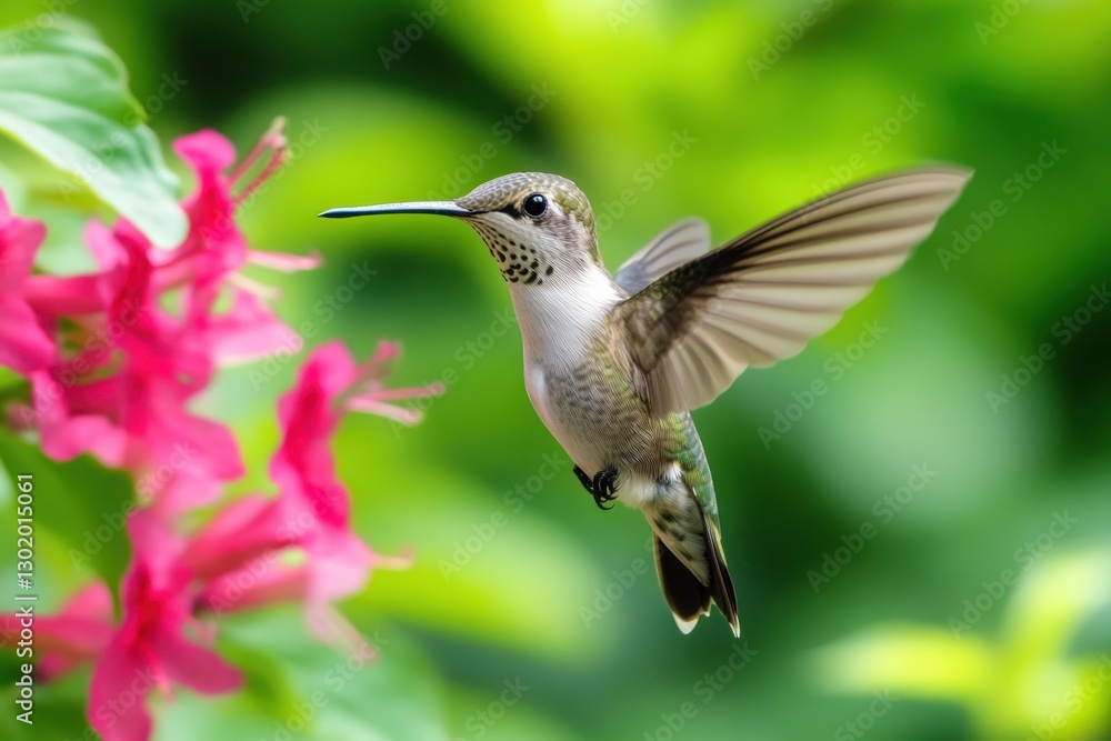 Naklejka premium Hummingbird in flight near pink flowers. (5)