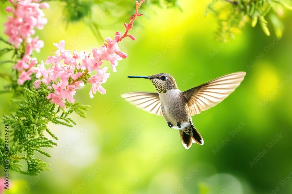 Fototapeta premium Hummingbird in flight near pink flowers. (8)