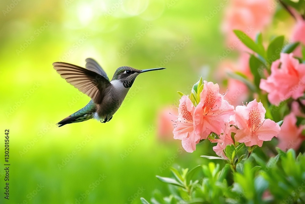 Fototapeta premium Hummingbird in flight near pink flowers.