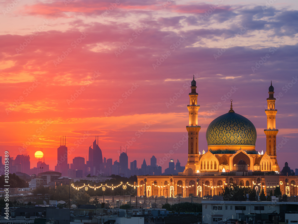 Fototapeta premium Mosque at Sunset with Vibrant Sky and Reflection