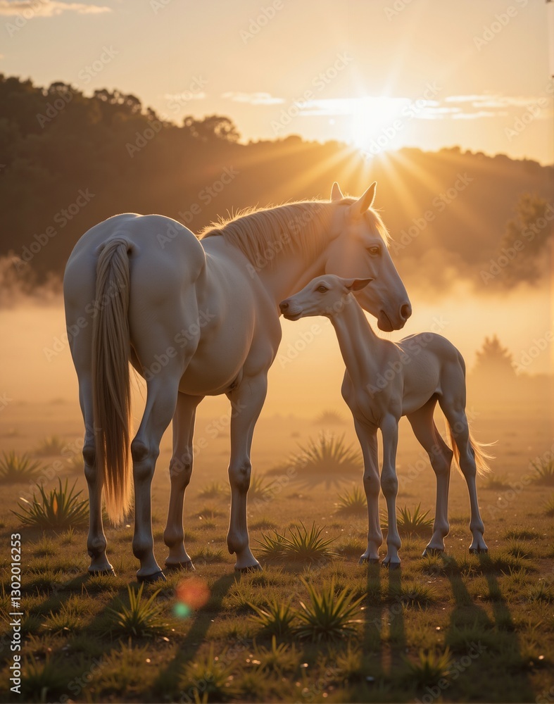 Fototapeta premium A horse caressing her foal in a misty morning field