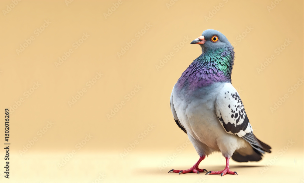 Obraz premium Funny Pigeon Dancing on Beige Background, Hilarious Bird Dance Move with Copyspace
