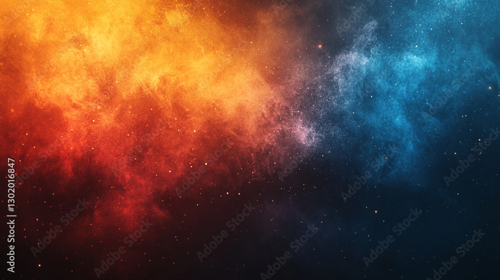 Obraz premium A vibrant abstract noise texture featuring a grainy gradient of red, orange, yellow, and blue, set against a dark black backdrop, perfect for modern poster and banner designs. 