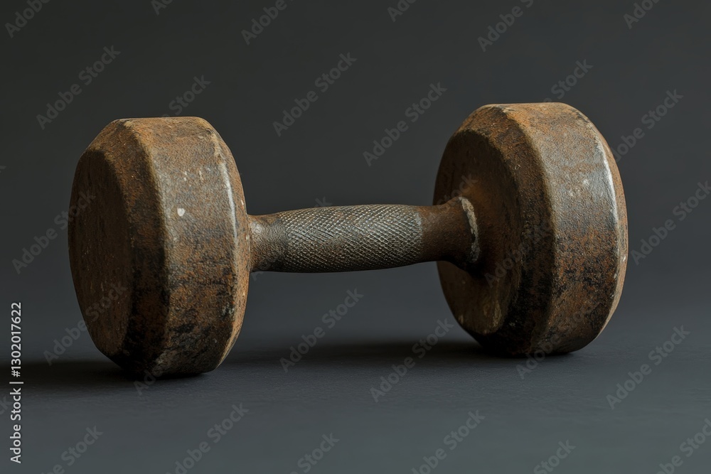 Fototapeta premium A rusty dumbbell laying on a dark grey surface in close up