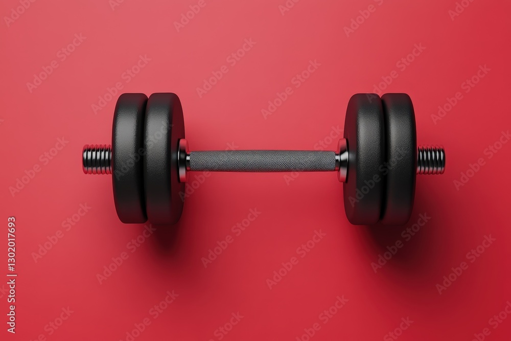 A black dumbbell lies on a red solid smooth surface A black dumbbell lies on a red solid smooth surface