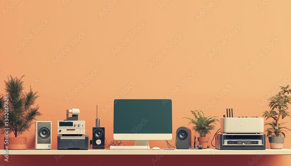 Modern Minimalist Desk Setup with Computer, Audio Equipment, and Plants Modern Minimalist Desk Setup with Computer, Audio Equipment, and Plants