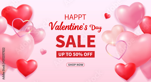 3d rendering style red and pink heart valentine promo banner with modern art design for website, design media, poster