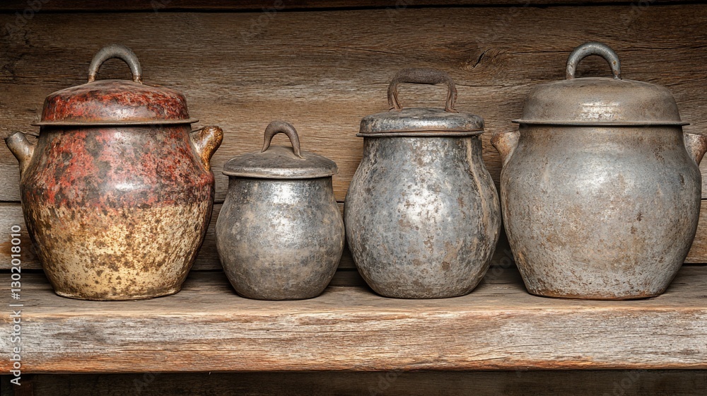 Rustic kitchen shelf; antique pots, aged metal, wood background, culinary history Rustic kitchen shelf; antique pots, aged metal, wood background, culinary history