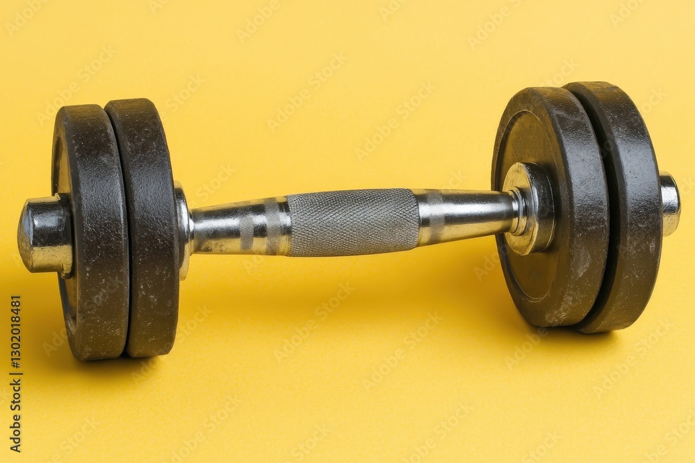 Fototapeta premium A single dumbbell with plates rests upon a vibrant yellow backdrop