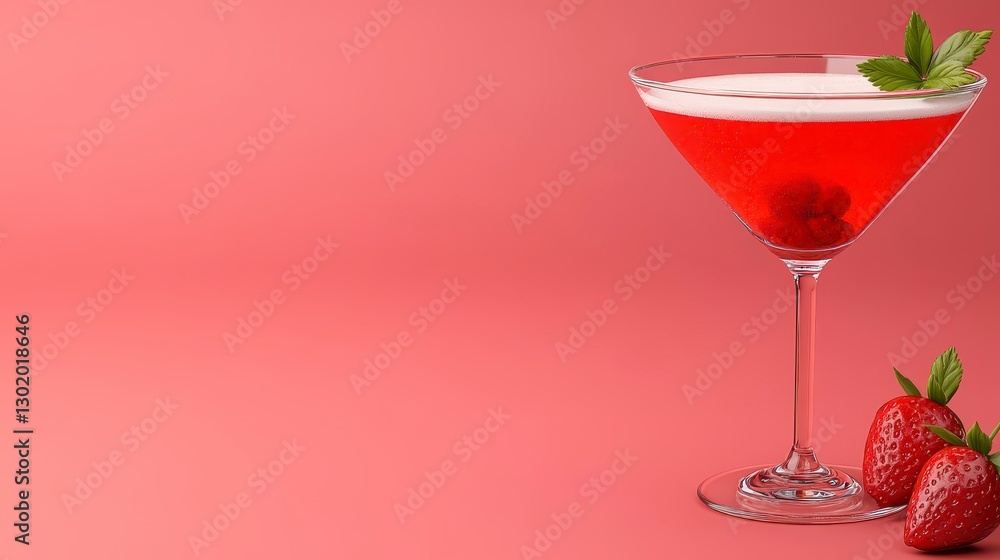 Red Cocktail In Martini Glass With Strawberries Red Cocktail In Martini Glass With Strawberries