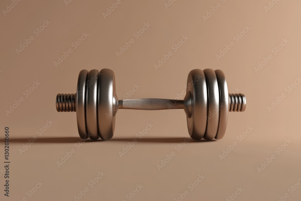 A silver dumbbell sits alone on a neutral colored surface A silver dumbbell sits alone on a neutral colored surface