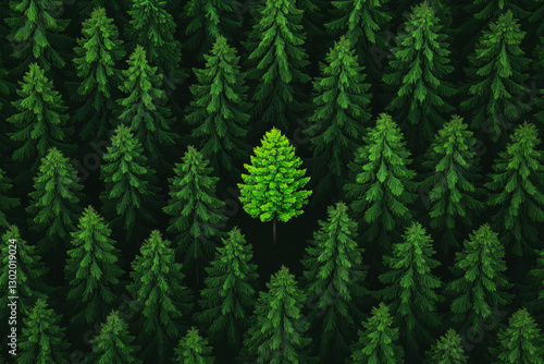 Wallpaper Mural One bright green deciduous tree standing out among dark green pine trees in dense forest aerial view Torontodigital.ca