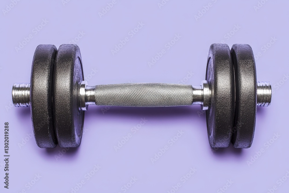 A single dumbbell rests centrally upon a purple colored surface A single dumbbell rests centrally upon a purple colored surface