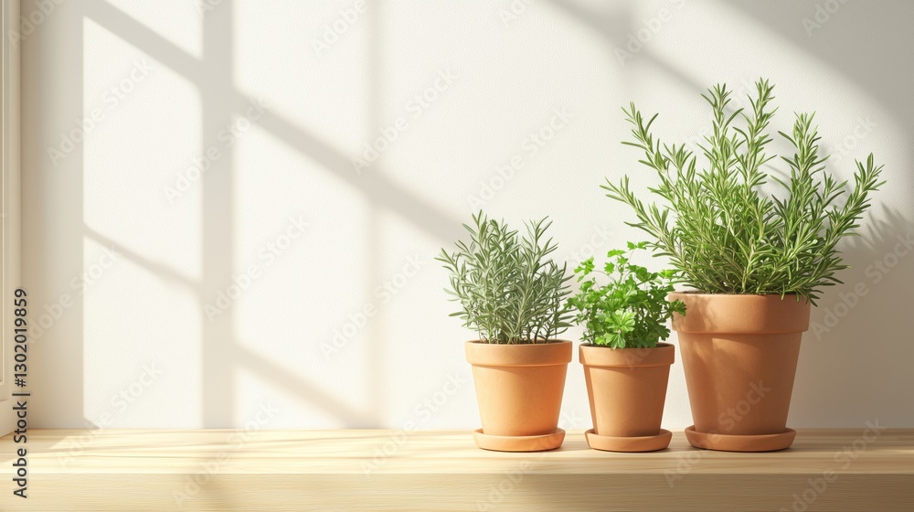 Three potted herbs—rosemary, cilantro, and thyme—on a wooden shelf with sunlight Three potted herbs—rosemary, cilantro, and thyme—on a wooden shelf with sunlight