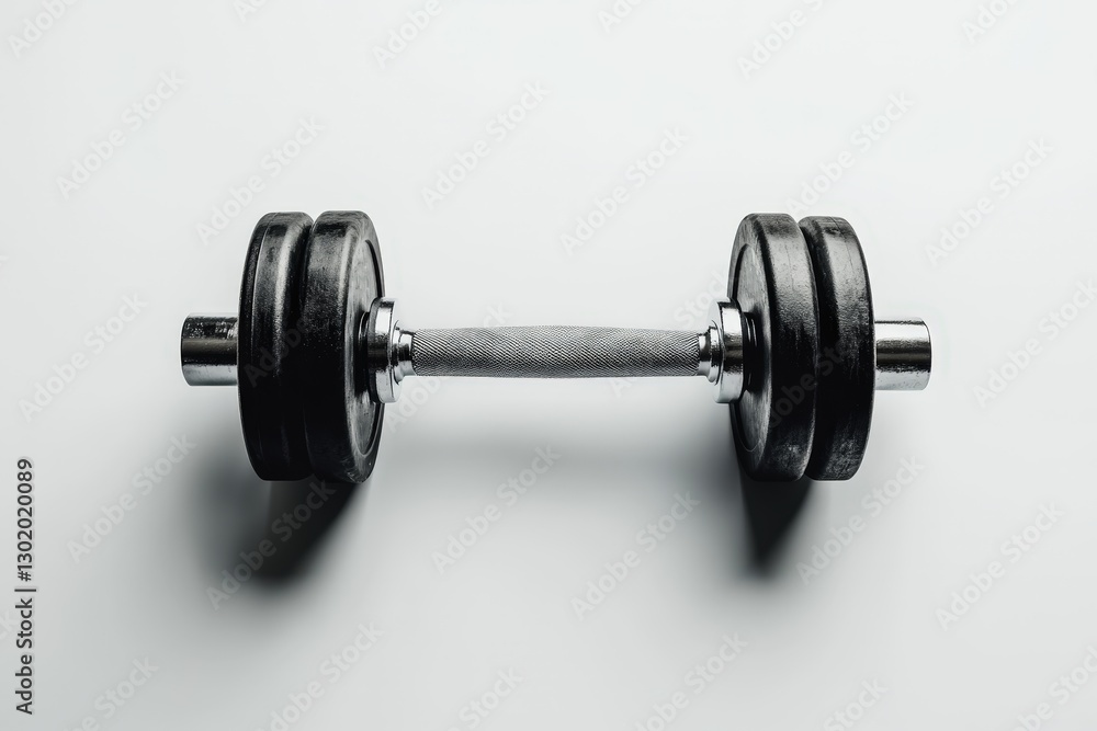 A single dumbbell is resting on a plain white surface A single dumbbell is resting on a plain white surface