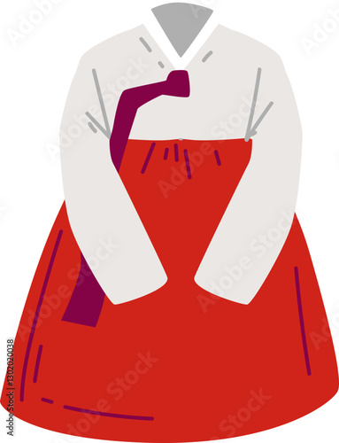 Traditional Korean hanbok with a white top and red skirt