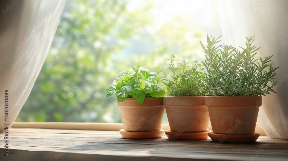 Fresh basil and rosemary in terracotta pots on a windowsill with soft sunlight Fresh basil and rosemary in terracotta pots on a windowsill with soft sunlight