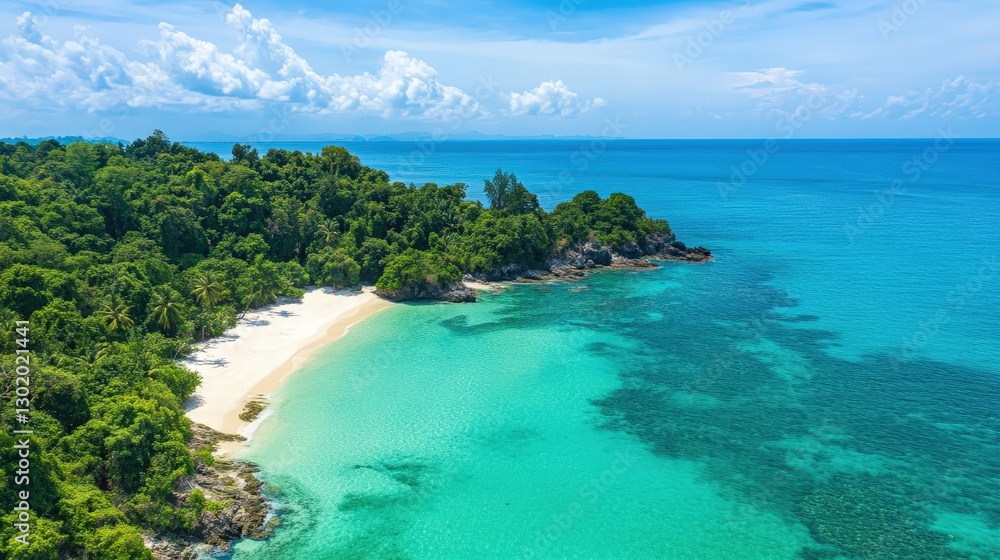 Fototapeta premium Aerial view captures a pristine white sandy beach flanked by verdant foliage, with vibrant turquoise waters lapping gently against it, under a clear blue sky