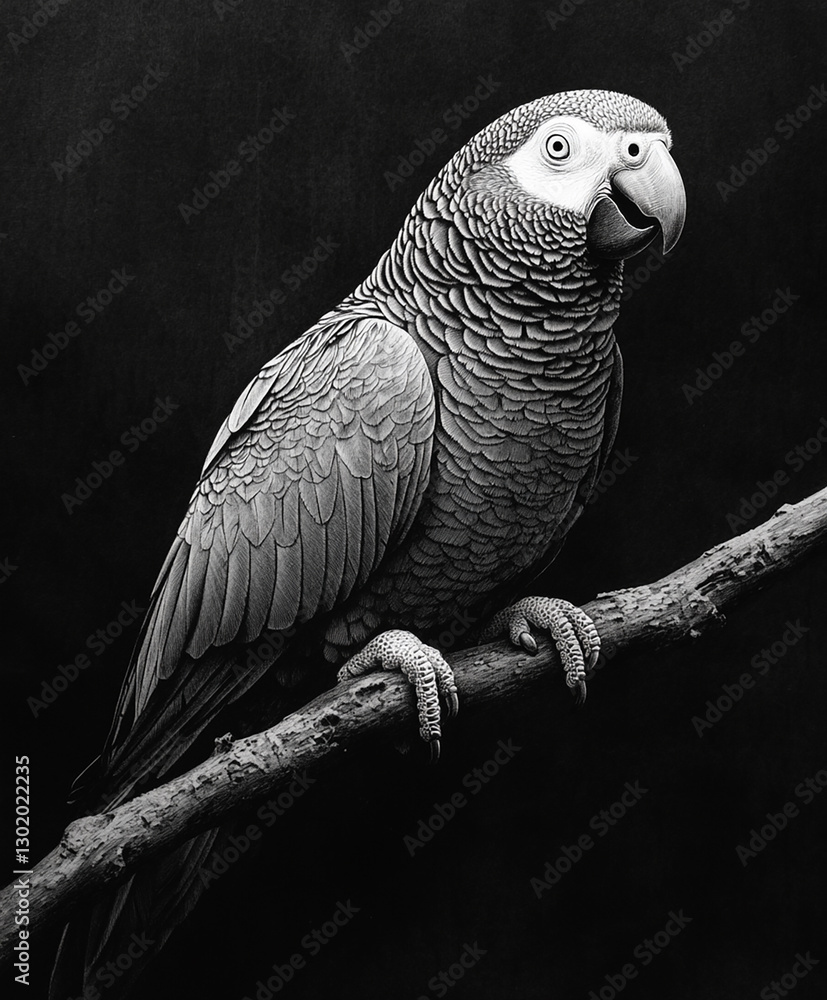 Fototapeta premium Black and white ink drawing of an African gray parrot in engraving style. The detailed pen illustration showcases the bird in fine lines against a dark background, perfect for stamp-like art and engra