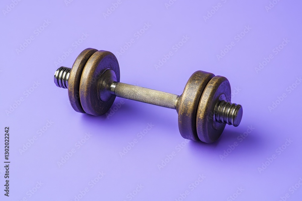 A rusty metal dumbbell rests on a vibrant purple background A rusty metal dumbbell rests on a vibrant purple background