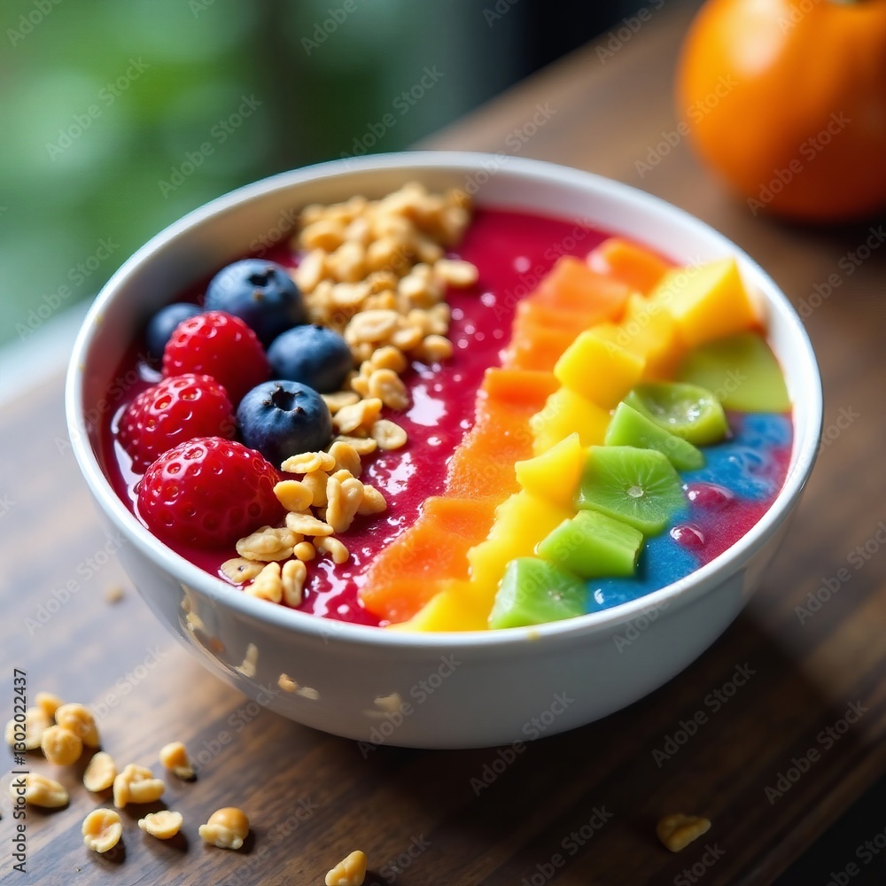 Vibrant rainbow smoothie bowl with fruits and granola toppings, breakfast, organic Vibrant rainbow smoothie bowl with fruits and granola toppings, breakfast, organic