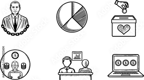 Icons representing business, voting, and data analysis concepts.