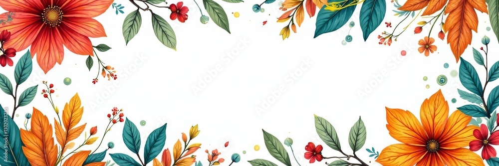 Fototapeta premium Vibrant, hand-drawn floral and leafy eco pattern on a white background, botanic, eco-friendly