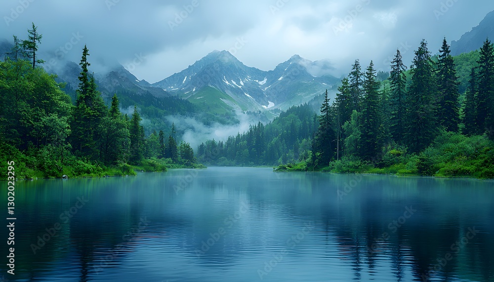 Majestic Mountain Landscape with Serene Lake and Lush Forests Majestic Mountain Landscape with Serene Lake and Lush Forests