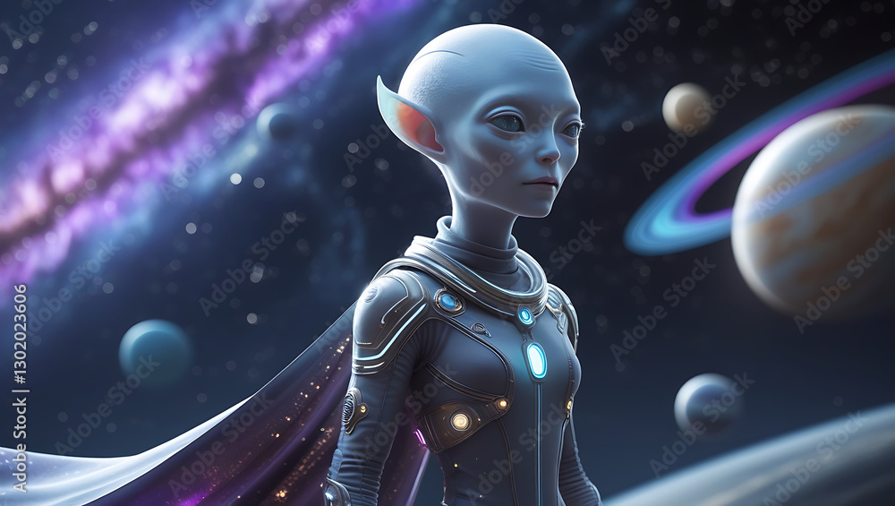 A mesmerizing, hyper-realistic visual representation of an astronaut alien in the space, intriguing, mystery, dark theme, majestic, galaxy, planets, created by generative ai A mesmerizing, hyper-realistic visual representation of an astronaut alien in the space, intriguing, mystery, dark theme, majestic, galaxy, planets, created by generative ai