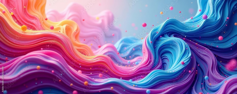 Obraz premium Vibrant digital swirls in pink and blue hues with splashes of green and yellow, green, abstract