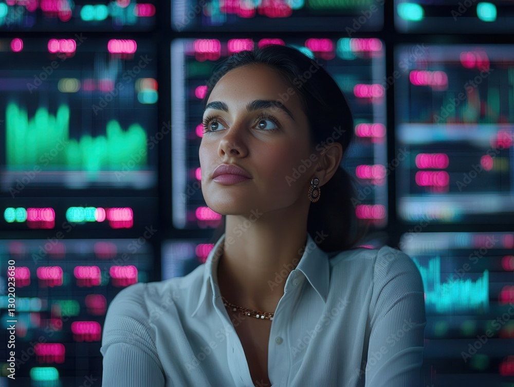 Obraz premium Businesswoman surrounded by holographic midcap stock options, Mid Cap Stocks, diverse investment strategies