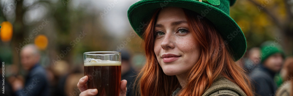 Red Haired Woman With Freckles Holding Beer Wearing Green Clover Hat Outdoors At St Patrick's Day Event Red Haired Woman With Freckles Holding Beer Wearing Green Clover Hat Outdoors At St Patrick's Day Event