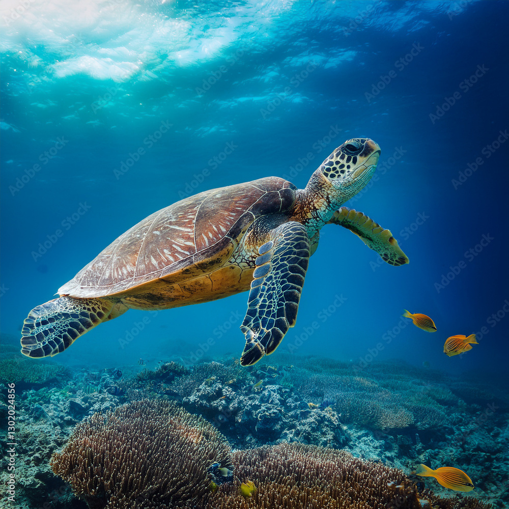 Obraz premium An endangered green sea turtle swimming peacefully in the clear waters of the Sea of Cortez; the turtle's textured shell and flippers are beautifully detailed