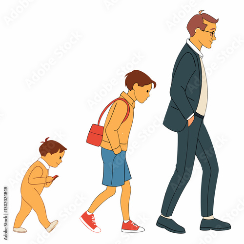 Progression of life stages represented by a boy growing into a businessman