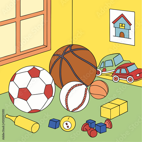 Illustrative playroom scene with a variety of scattered toys and cheerful colors