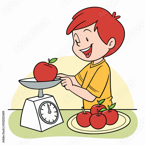 Cartoon Boy Weighing a Shiny Red Apple for a Healthy Lifestyle Choice